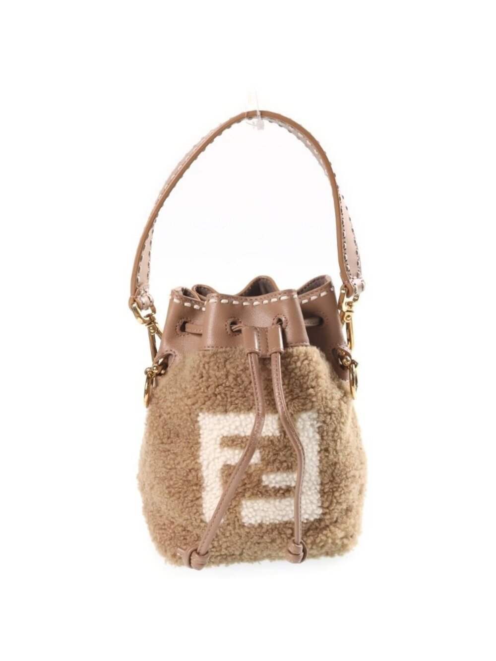 Fendi Mini Mon Tresor Shoulder Bag Drawstring Brown Beige Leather Fleece Gold